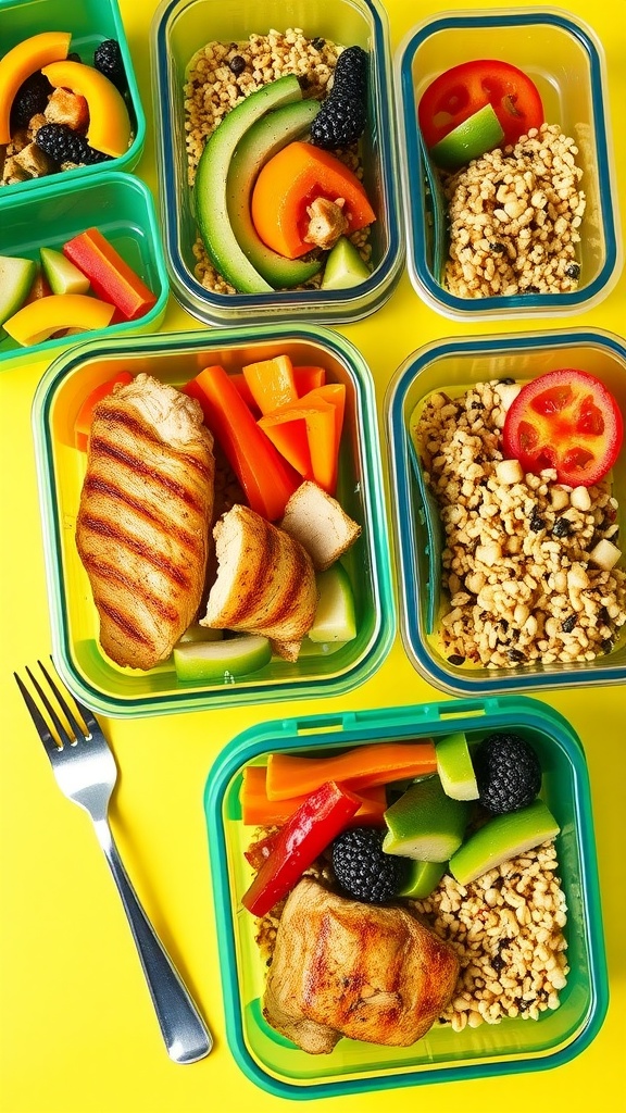 Colorful meal prep containers with grilled chicken, quinoa, and fresh veggies ready for work lunch.